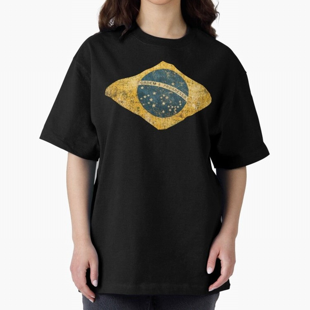 Vintage Brazil Flag Soccer Fan Design Oversized T-Shirt Live the Energy of Match Day Hype around FIFA World Cup 2026 Group Stage, Messi, CR7 and Mbappe, Spain, Champion Mindset, Group Stage Buzz, Knockout Tension and Passionate Fan Culture; Made