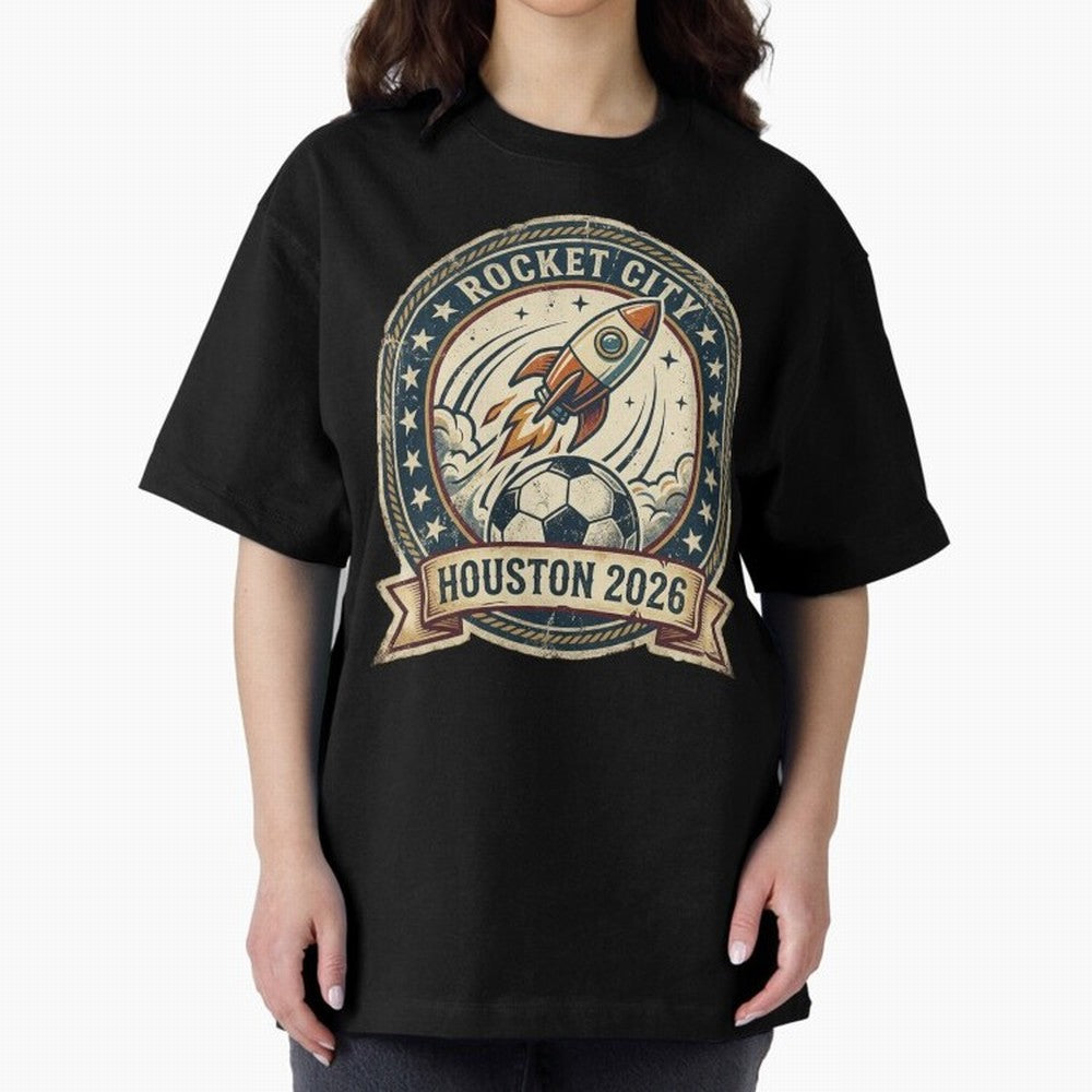 Houston 2026 World Cup Host City Vintage Football Badge ¡ª Rocket City Space Soccer Crest Design Oversized T-Shirt Relive Global Football Passion for FIFA World Cup 2026 USA Canada Mexico, Centered on Neymar, Haaland and Cristiano Ronaldo,