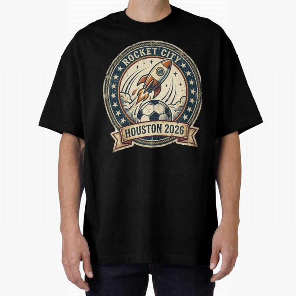 Houston 2026 World Cup Host City Vintage Football Badge ¡ª Rocket City Space Soccer Crest Design Oversized T-Shirt Relive Global Football Passion for FIFA World Cup 2026 USA Canada Mexico, Centered on Neymar, Haaland and Cristiano Ronaldo,