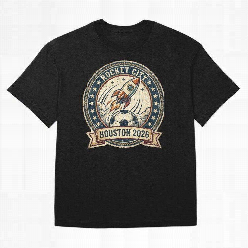 Houston 2026 World Cup Host City Vintage Football Badge ¡ª Rocket City Space Soccer Crest Design Oversized T-Shirt Relive Global Football Passion for FIFA World Cup 2026 USA Canada Mexico, Centered on Neymar, Haaland and Cristiano Ronaldo,