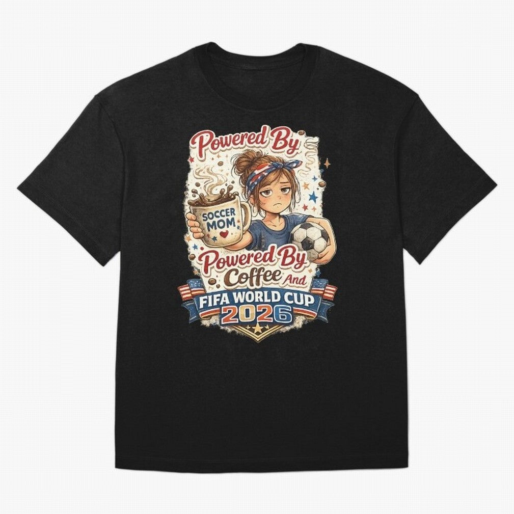 Funny USA Football Design Soccer Mom Powered By Coffee And FIFA World Cup 2026 Oversized T-Shirt Live the Energy of FIFA World Cup 2026 Group Stage for Fans of Messi and Brazil, Bringing Soccer Culture, Superstar Moments, National Team Dreams and