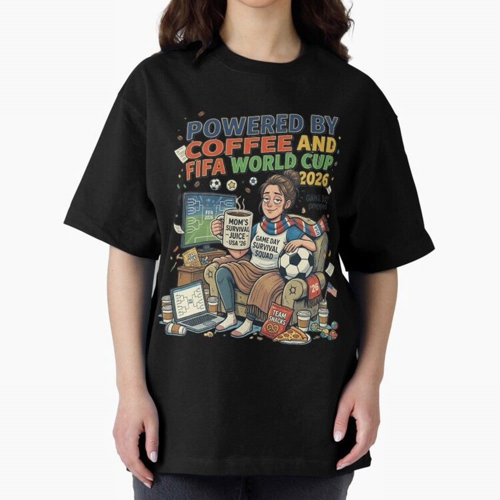 Soccer Mom Powered By Coffee And FIFA World Cup 2026 Funny USA Football Design Oversized T-Shirt Bring International Match Energy to FIFA World Cup 2026 for Fans of Messi and Cristiano Ronaldo and England and Germany, Bringing Global Supporter