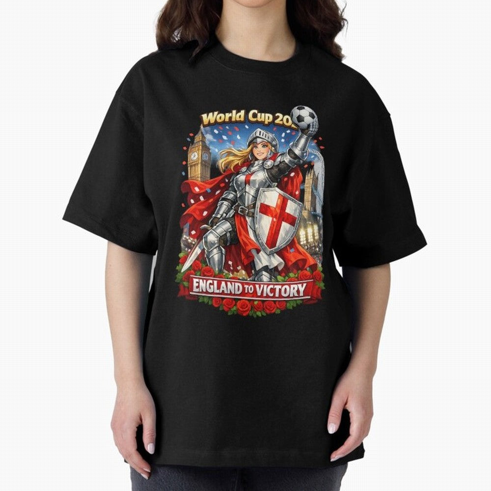 England To Victory Knight World Cup 2026 Oversized T-Shirt Bring Bold Fan Energy to Match Day Hype around FIFA World Cup 2026 Group Stage, Mbappe, Portugal, Spain and Germany, Vintage Soccer Flavor, Modern Football Stars, National Flags and Final