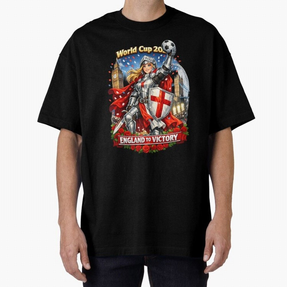 England To Victory Knight World Cup 2026 Oversized T-Shirt Bring Bold Fan Energy to Match Day Hype around FIFA World Cup 2026 Group Stage, Mbappe, Portugal, Spain and Germany, Vintage Soccer Flavor, Modern Football Stars, National Flags and Final