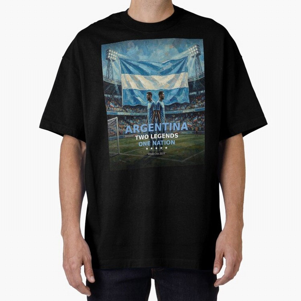 Argentina Two Legends One Nation - World Cup 2026 Soccer Fan Tee Oversized T-Shirt Carry National Pride through Global Football Passion for FIFA World Cup 2026 Group Stage, Highlighting CR7, France, Champion Mindset, Group Stage Buzz, Knockout