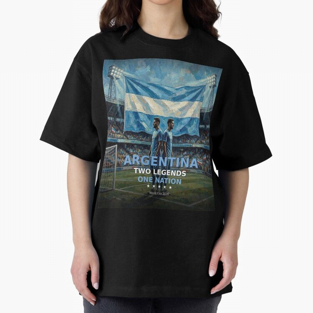 Argentina Two Legends One Nation - World Cup 2026 Soccer Fan Tee Oversized T-Shirt Carry National Pride through Global Football Passion for FIFA World Cup 2026 Group Stage, Highlighting CR7, France, Champion Mindset, Group Stage Buzz, Knockout