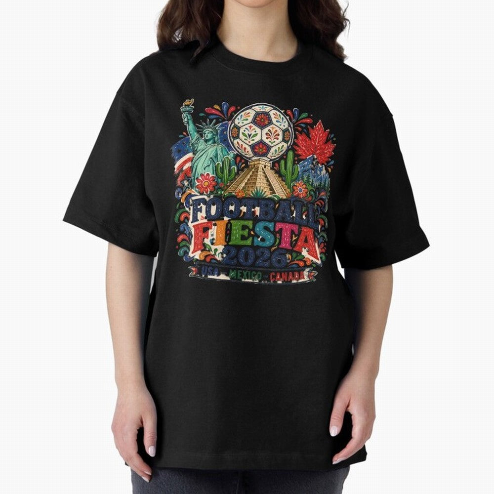 Football Fiesta 2026 Soccer Celebration Art Oversized T-Shirt Celebrate FIFA World Cup 2026 Group Stage Driven by Messi, Neymar and Mbappe, Spain Energy, Soccer Culture, Superstar Moments, National Team Dreams and Competitive Fire; Made for Die