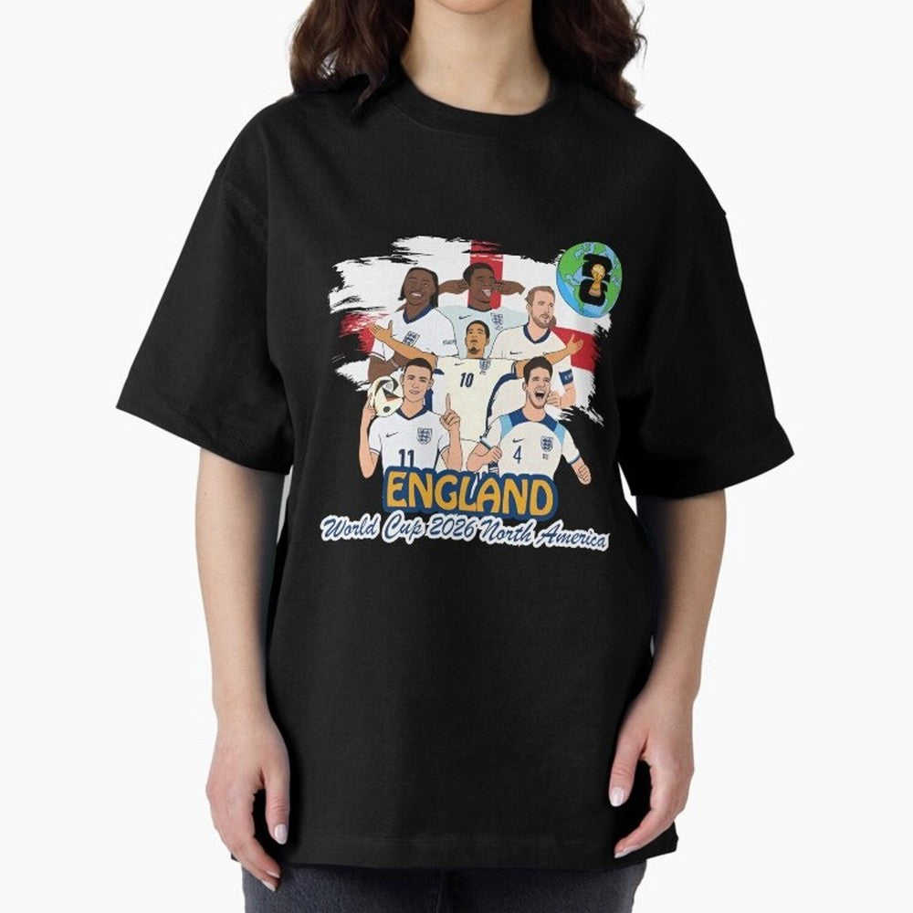 England Soccer Stars World Cup 2026 North America Oversized T-Shirt Bring Home FIFA World Cup 2026 USA Canada Mexico Celebrating Messi, CR7 and Mbappe, Netherlands Energy, Championship Spirit, Famous Goals, Roaring Crowds and International Football