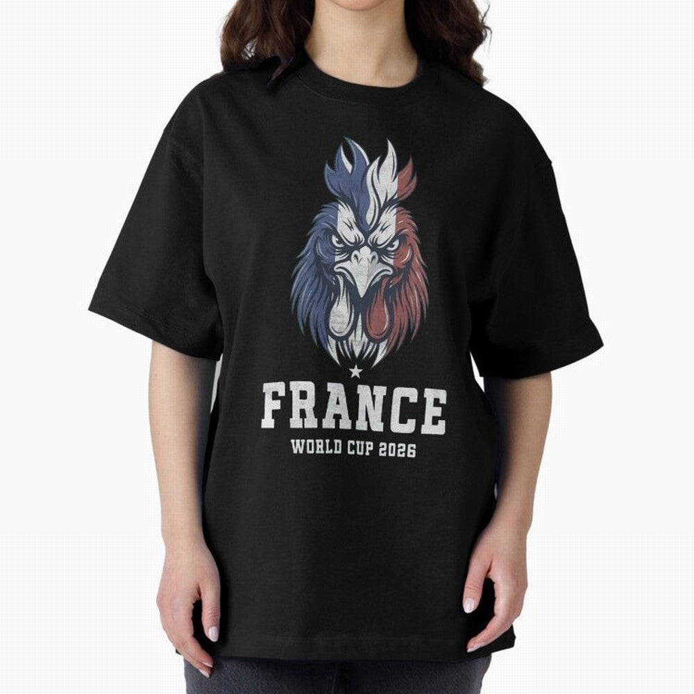 France Football World Cup 2026 Rooster Mascot Art Oversized T-Shirt Celebrate Fan Culture around Match Day Hype around FIFA World Cup 2026 Group Stage, Messi and Cristiano Ronaldo, Netherlands, Championship Spirit, Famous Goals, Roaring Crowds and
