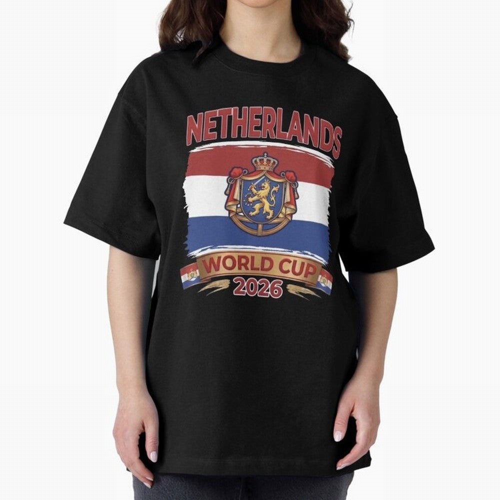 Netherlands World Cup 2026 Coat of Arms Football Design Oversized T-Shirt Share FIFA World Cup 2026 Spirit, Inspired by Argentina and Brazil, Messi and Cristiano Ronaldo, Goal Celebration Energy, Supporter Heritage, Football Icons and Worldwide