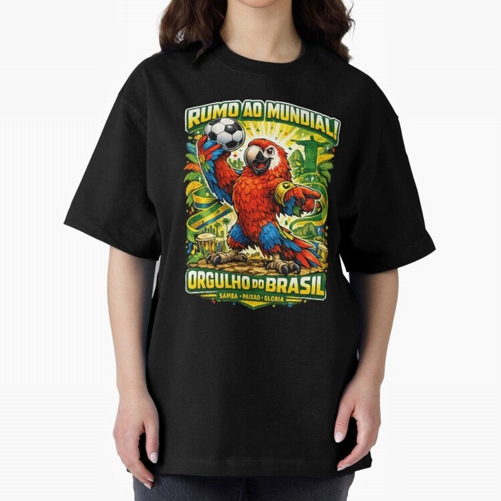 Brazil World Cup 2026 Macaw Fan Art Oversized T-Shirt Honor FIFA World Cup 2026 USA Canada Mexico Celebrating Messi, Brazil Energy, Champion Mindset, Group Stage Buzz, Knockout Tension and Passionate Fan Culture; Perfect for Supporters Who Want