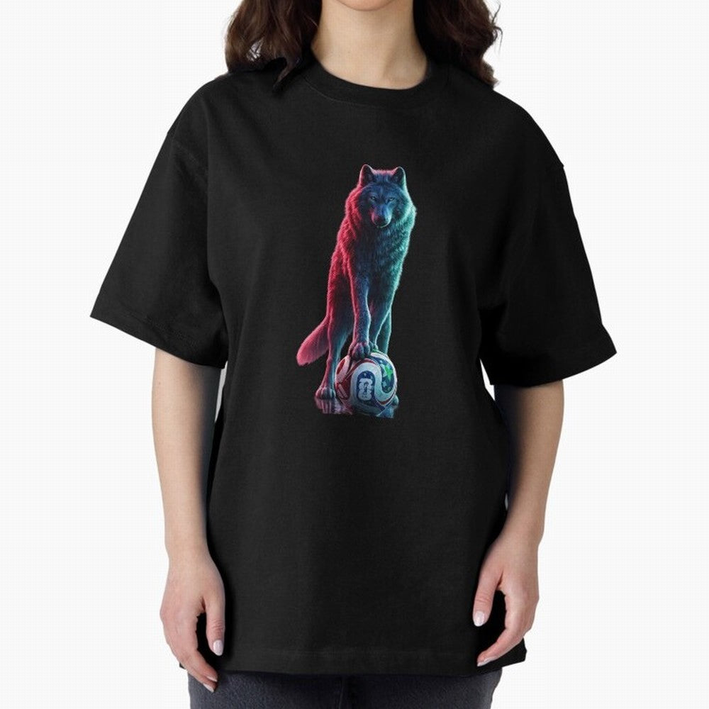 Neon Alpha Wolf with Soccer Ball | Futuristic Sports Fantasy Art Oversized T-Shirt Embrace Match Day Hype around FIFA World Cup 2026 Group Stage, Messi, Neymar and Mbappe, Portugal, Football History, Final Match Energy, Crowd Noise and Once in a