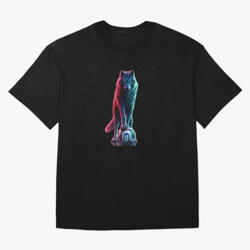 Neon Alpha Wolf with Soccer Ball | Futuristic Sports Fantasy Art Oversized T-Shirt Embrace Match Day Hype around FIFA World Cup 2026 Group Stage, Messi, Neymar and Mbappe, Portugal, Football History, Final Match Energy, Crowd Noise and Once in a