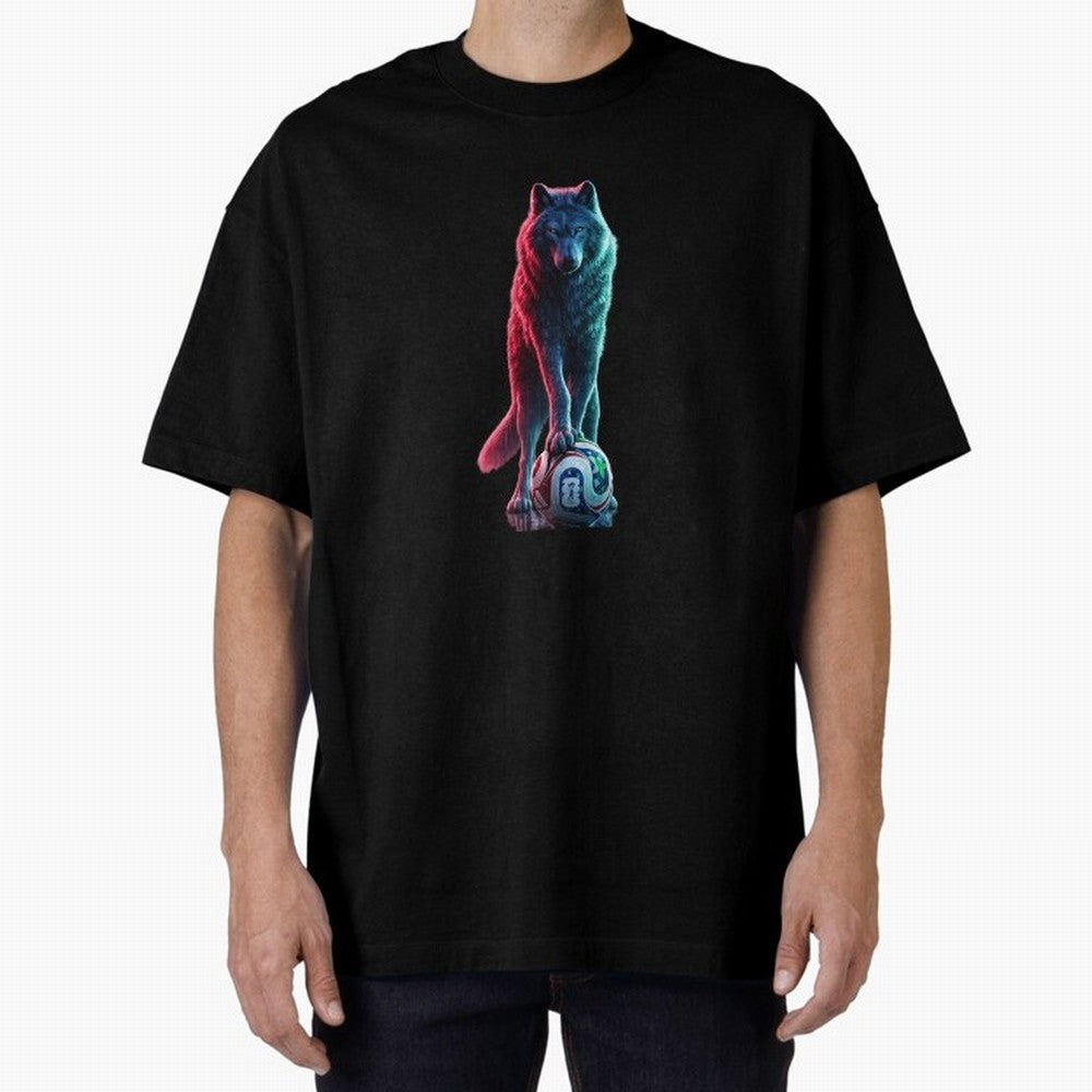 Neon Alpha Wolf with Soccer Ball | Futuristic Sports Fantasy Art Oversized T-Shirt Embrace Match Day Hype around FIFA World Cup 2026 Group Stage, Messi, Neymar and Mbappe, Portugal, Football History, Final Match Energy, Crowd Noise and Once in a