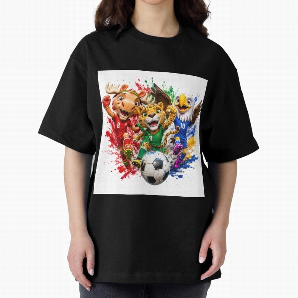 World Football Mascots ¨C Ultimate Soccer Fan Cartoon Design Oversized T-Shirt Join Supporters Worldwide for FIFA World Cup 2026 USA Canada Mexico Capturing Messi and Cristiano Ronaldo, Brazil Energy, Game Day Rituals, Football Legends, Country