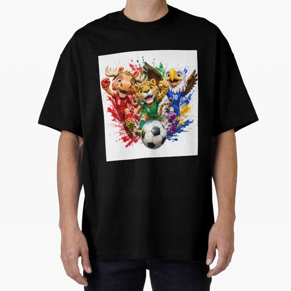 World Football Mascots ¨C Ultimate Soccer Fan Cartoon Design Oversized T-Shirt Join Supporters Worldwide for FIFA World Cup 2026 USA Canada Mexico Capturing Messi and Cristiano Ronaldo, Brazil Energy, Game Day Rituals, Football Legends, Country