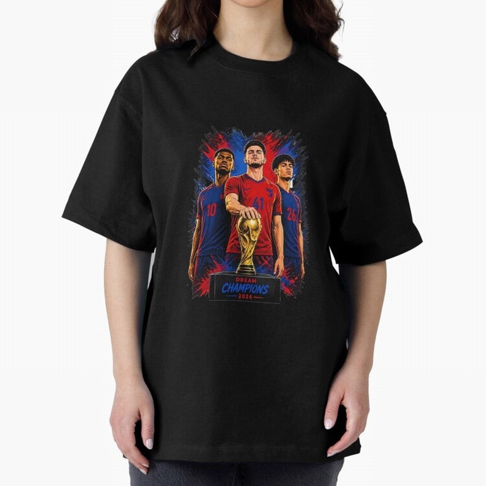 Dream Champions 2026 Football Streetwear Design | Trophy Graphic Tee Oversized T-Shirt Fuel Match Day Hype around FIFA World Cup 2026, Messi, Portugal, Spain and Germany, Global Supporter Spirit, Legendary Goals, National Colors and Tournament