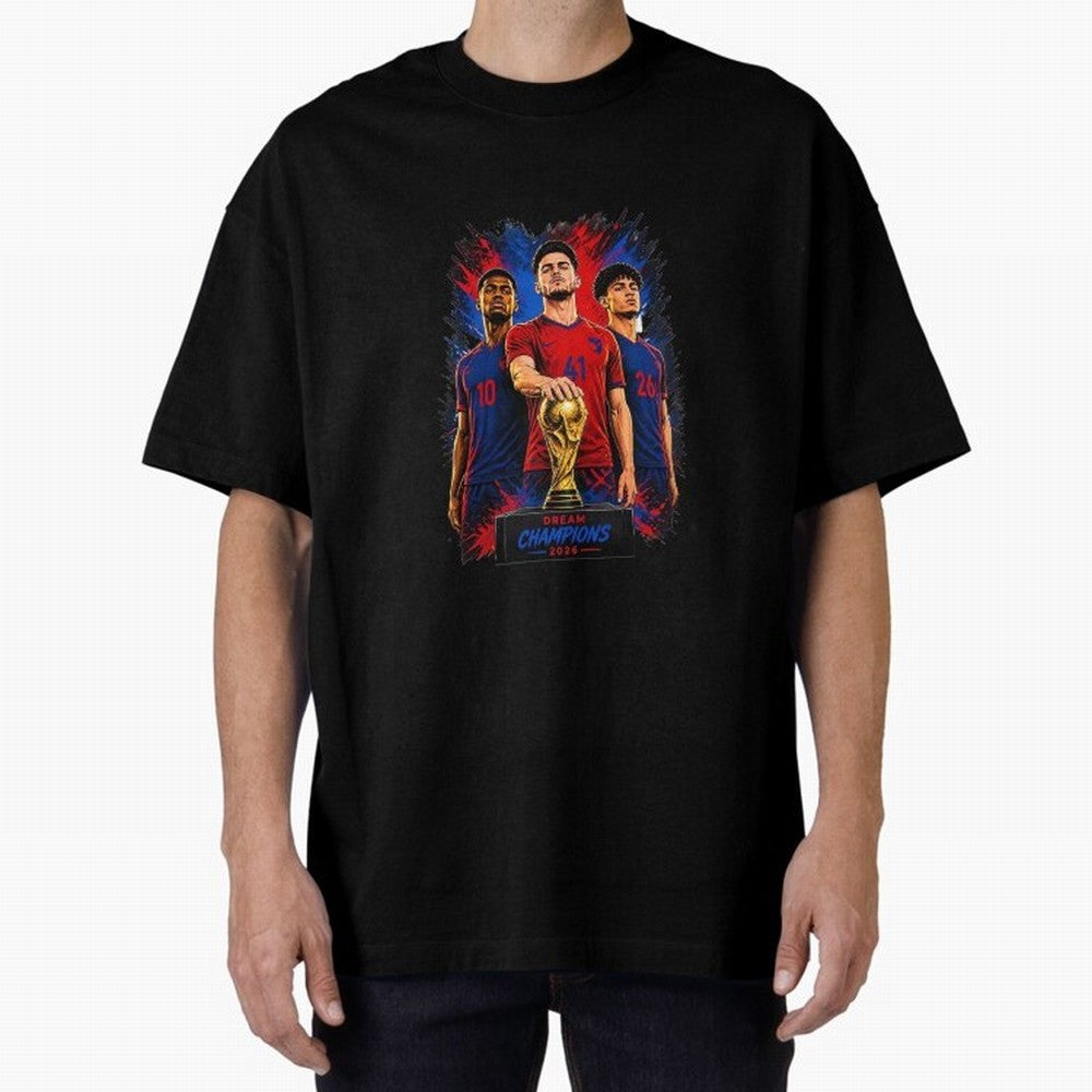 Dream Champions 2026 Football Streetwear Design | Trophy Graphic Tee Oversized T-Shirt Fuel Match Day Hype around FIFA World Cup 2026, Messi, Portugal, Spain and Germany, Global Supporter Spirit, Legendary Goals, National Colors and Tournament