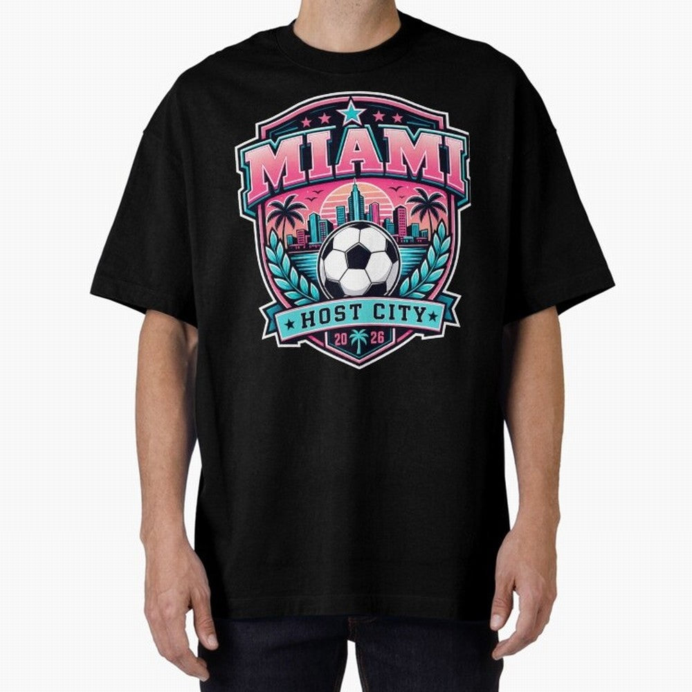 Miami 2026 Host City Emblem Soccer Football Events Oversized T-Shirt Represent the Passion of FIFA World Cup 2026 Group Stage with CR7 and Messi, Brazil, Portugal and Argentina Energy, Global Supporter Spirit, Legendary Goals, National Colors and