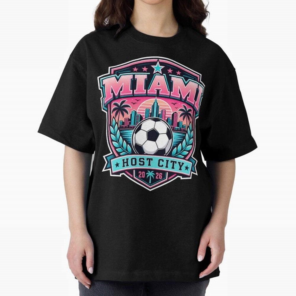 Miami 2026 Host City Emblem Soccer Football Events Oversized T-Shirt Represent the Passion of FIFA World Cup 2026 Group Stage with CR7 and Messi, Brazil, Portugal and Argentina Energy, Global Supporter Spirit, Legendary Goals, National Colors and
