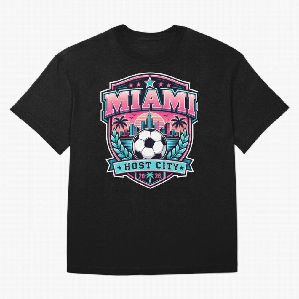 Miami 2026 Host City Emblem Soccer Football Events Oversized T-Shirt Represent the Passion of FIFA World Cup 2026 Group Stage with CR7 and Messi, Brazil, Portugal and Argentina Energy, Global Supporter Spirit, Legendary Goals, National Colors and