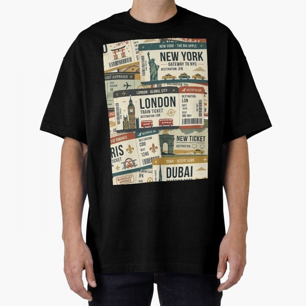 World Travel Ticket Aesthetic Collage Global City Vibes Oversized T-Shirt Make Your Look Match FIFA World Cup 2026 Spirit, with England, France and Netherlands, Mbappe, Vintage Soccer Flavor, Modern Football Stars, National Flags and Final Night