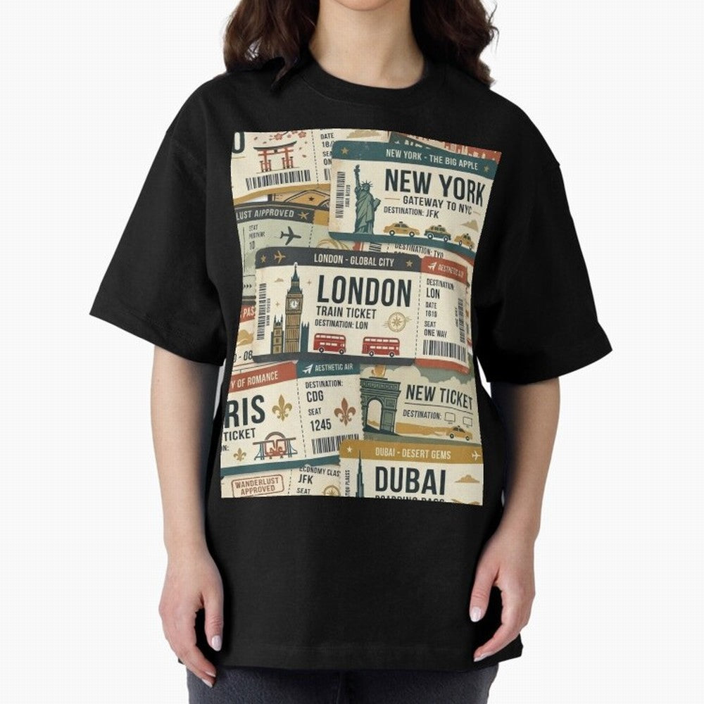 World Travel Ticket Aesthetic Collage Global City Vibes Oversized T-Shirt Make Your Look Match FIFA World Cup 2026 Spirit, with England, France and Netherlands, Mbappe, Vintage Soccer Flavor, Modern Football Stars, National Flags and Final Night