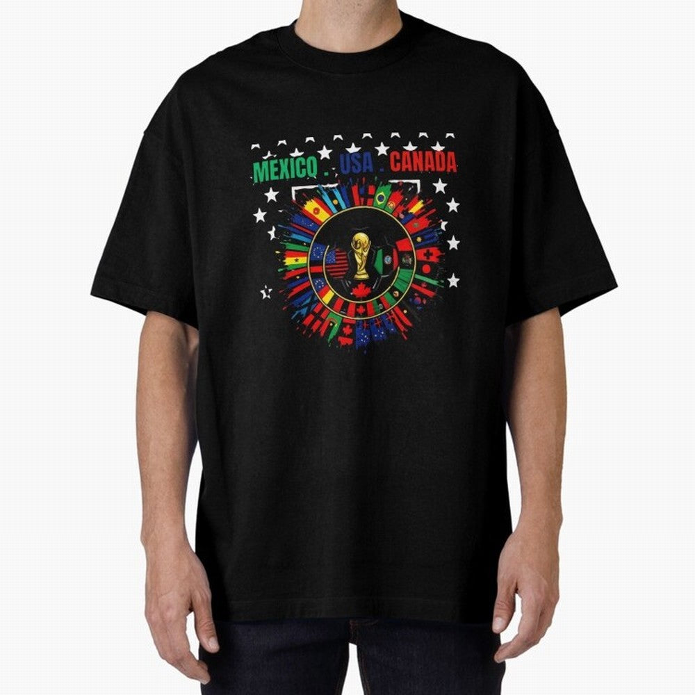 Multinational Nations Flags Badge Oversized T-Shirt Show Up for the Glory of FIFA World Cup 2026 Group Stage Spirit, Centered on Germany, Messi, CR7 and Mbappe, Supporter Pride, Iconic Celebrations, Legendary Names and Global Match Day Energy;