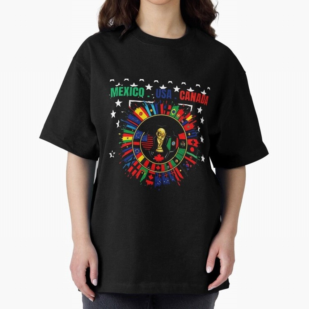 Multinational Nations Flags Badge Oversized T-Shirt Show Up for the Glory of FIFA World Cup 2026 Group Stage Spirit, Centered on Germany, Messi, CR7 and Mbappe, Supporter Pride, Iconic Celebrations, Legendary Names and Global Match Day Energy;