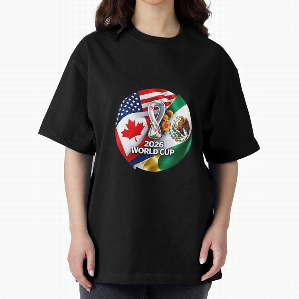 Host Trio Flags Circular Emblem Oversized T-Shirt Celebrate Fan Culture around Match Day Hype around FIFA World Cup 2026, Neymar, Argentina and Brazil, Worldwide Fan Energy, Dramatic Goals, Stadium Lights and Championship Celebrations; Great for