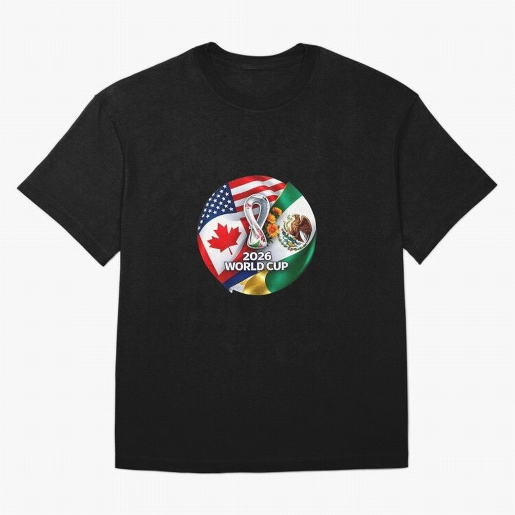 Host Trio Flags Circular Emblem Oversized T-Shirt Celebrate Fan Culture around Match Day Hype around FIFA World Cup 2026, Neymar, Argentina and Brazil, Worldwide Fan Energy, Dramatic Goals, Stadium Lights and Championship Celebrations; Great for