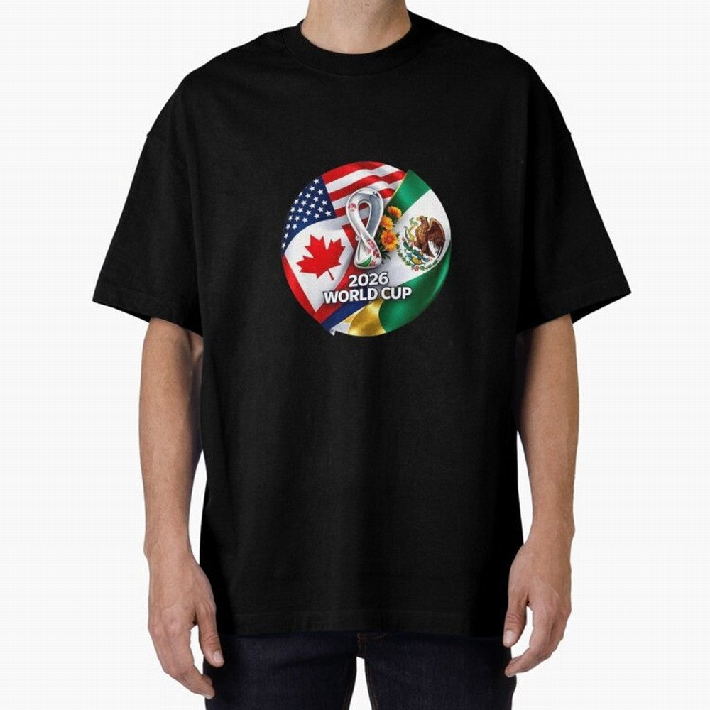 Host Trio Flags Circular Emblem Oversized T-Shirt Celebrate Fan Culture around Match Day Hype around FIFA World Cup 2026, Neymar, Argentina and Brazil, Worldwide Fan Energy, Dramatic Goals, Stadium Lights and Championship Celebrations; Great for