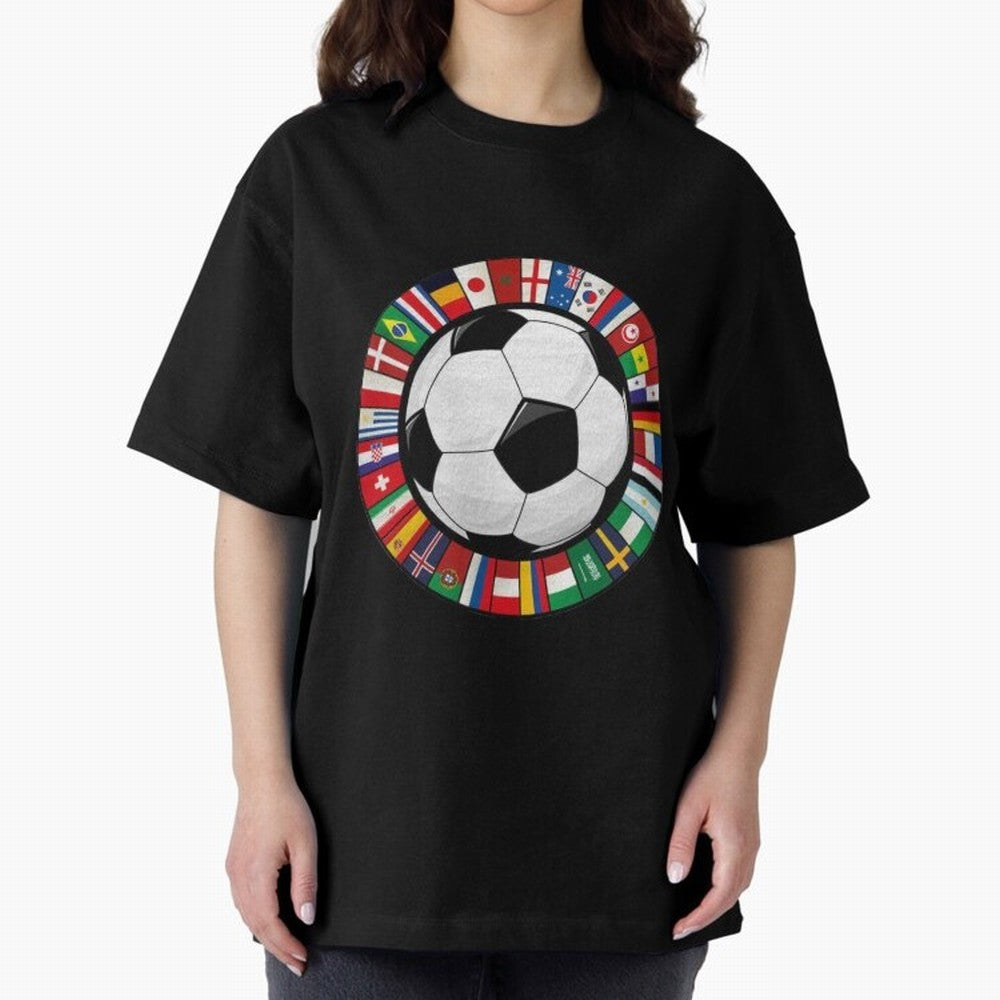 Global Nations Football Circle Art Oversized T-Shirt Show Love for Legendary Goals in Global Football Passion for FIFA World Cup 2026 Group Stage, Featuring Mbappe, Argentina, France and Brazil, Game Day Rituals, Football Legends, Country Pride and