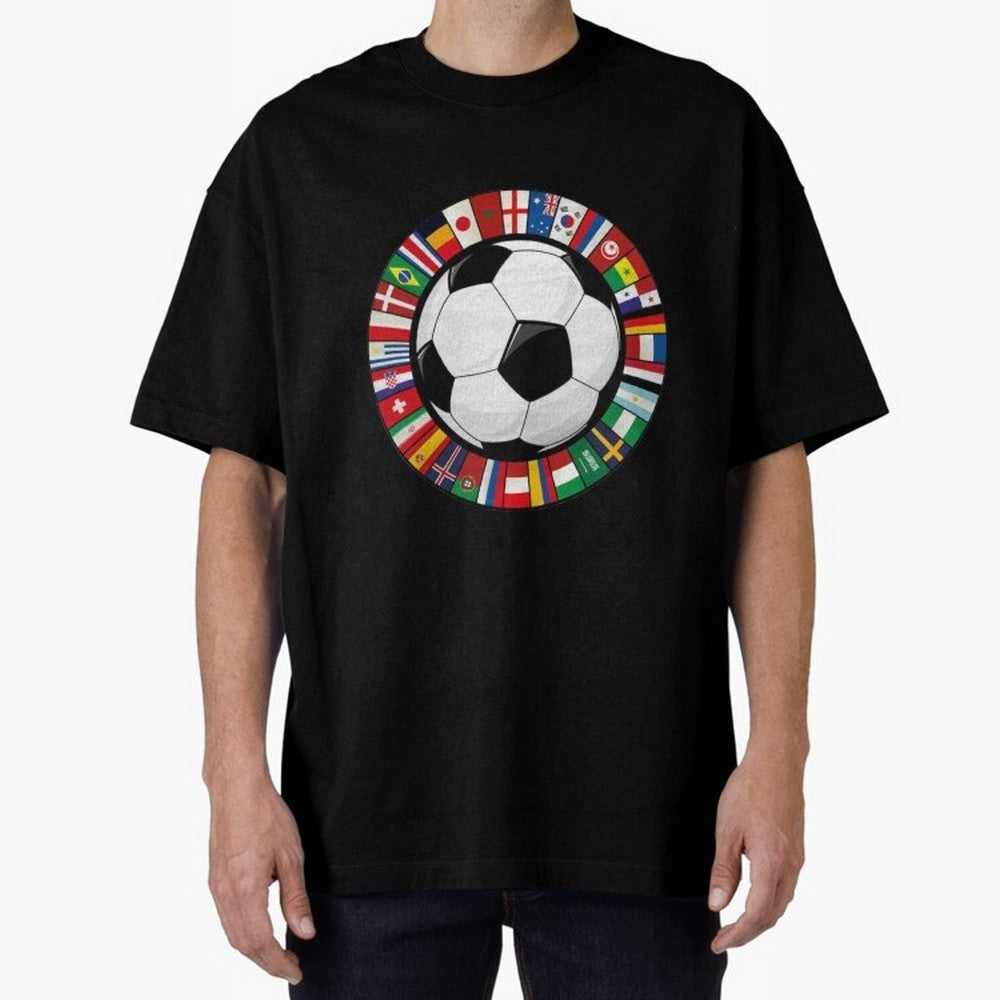 Global Nations Football Circle Art Oversized T-Shirt Show Love for Legendary Goals in Global Football Passion for FIFA World Cup 2026 Group Stage, Featuring Mbappe, Argentina, France and Brazil, Game Day Rituals, Football Legends, Country Pride and
