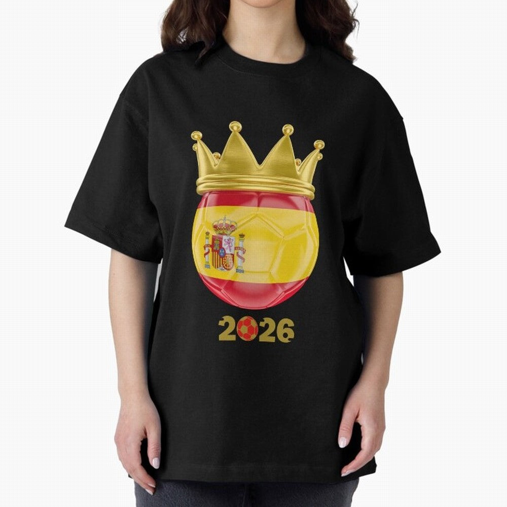 Spain Football Champion Crown 2026 Oversized T-Shirt Represent Fans Who Live for FIFA World Cup 2026 Centered on Mbappe, Brazil, Portugal and Argentina Energy, Retro Football Energy, Iconic Rivalries, Trophy Chase Drama and Stadium Atmosphere;