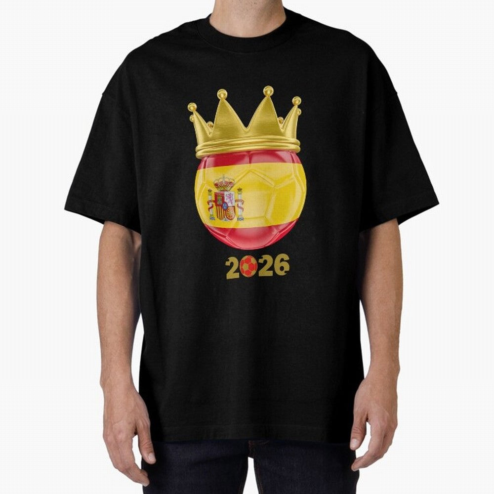 Spain Football Champion Crown 2026 Oversized T-Shirt Represent Fans Who Live for FIFA World Cup 2026 Centered on Mbappe, Brazil, Portugal and Argentina Energy, Retro Football Energy, Iconic Rivalries, Trophy Chase Drama and Stadium Atmosphere;