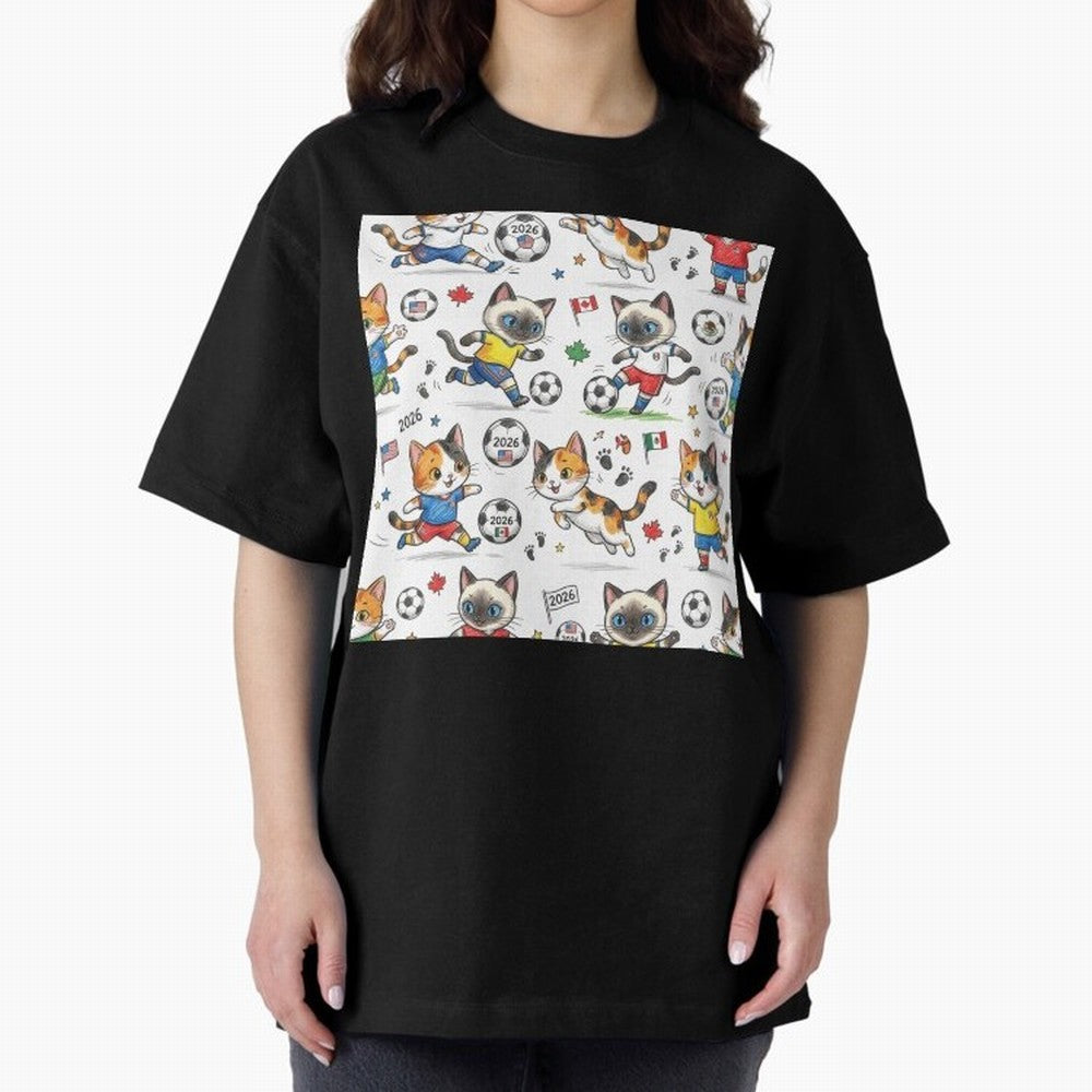 Chibi Soccer Cats 2026 - Cute Football Kittens Pattern Oversized T-Shirt Spotlight FIFA World Cup 2026 USA Canada Mexico for Fans of CR7 and Messi and Argentina, France and Brazil, Bringing Stadium Chants, National Pride, Trophy Dreams and