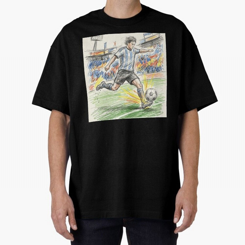 Dynamic Soccer Power Kick - Blue & White Jersey Style Oversized T-Shirt Celebrate Fan Culture around FIFA World Cup 2026 Group Stage Connected to Mbappe, France and Portugal Energy, Global Supporter Spirit, Legendary Goals, National Colors and