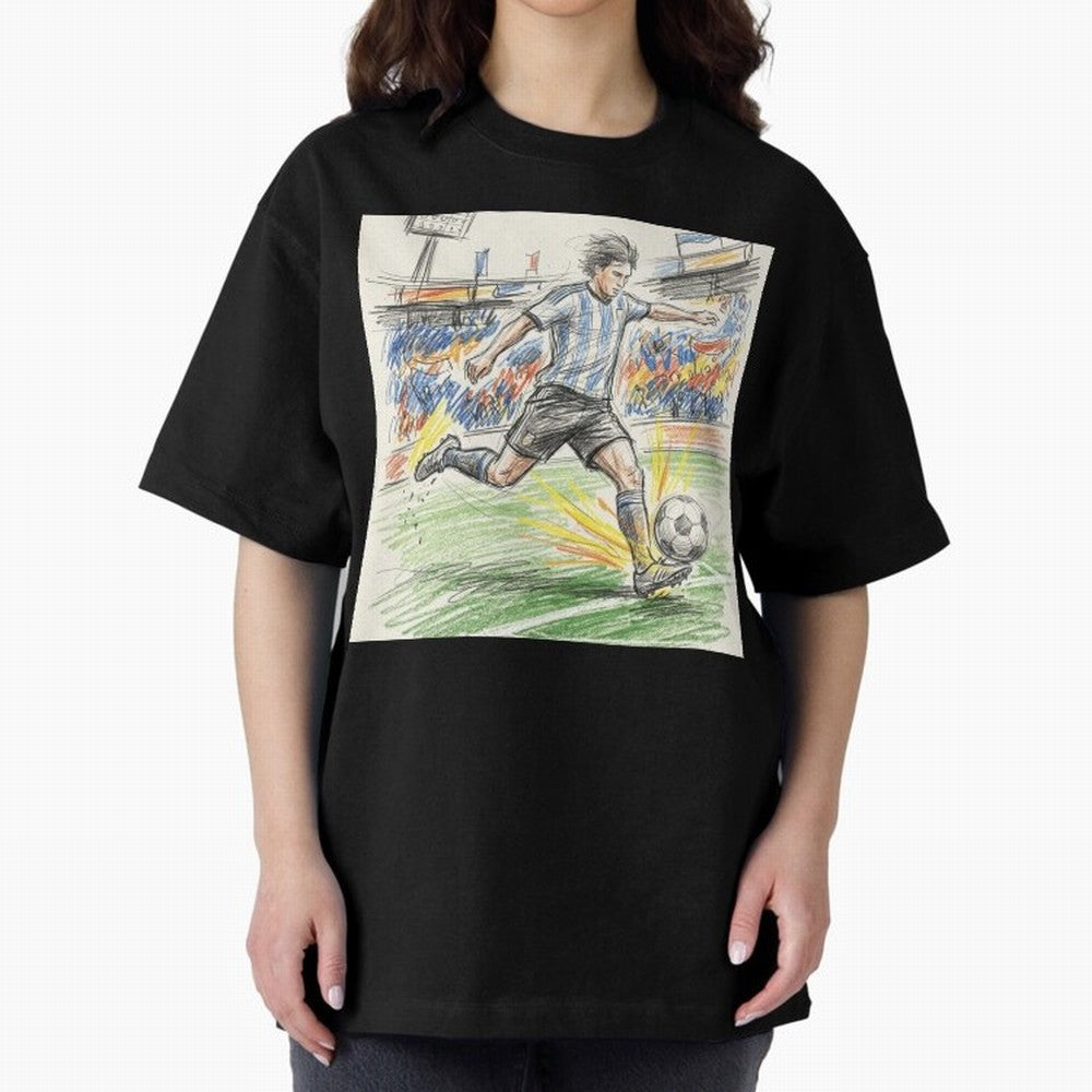 Dynamic Soccer Power Kick - Blue & White Jersey Style Oversized T-Shirt Celebrate Fan Culture around FIFA World Cup 2026 Group Stage Connected to Mbappe, France and Portugal Energy, Global Supporter Spirit, Legendary Goals, National Colors and