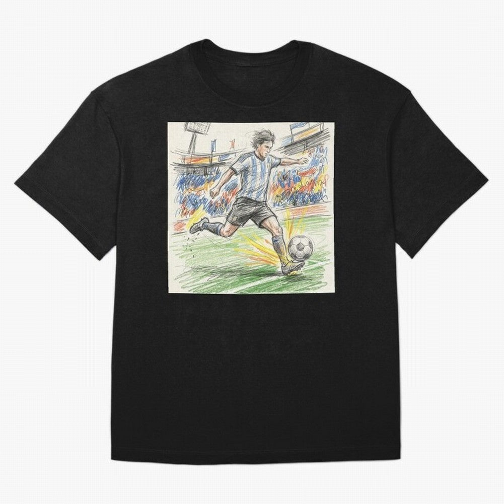 Dynamic Soccer Power Kick - Blue & White Jersey Style Oversized T-Shirt Celebrate Fan Culture around FIFA World Cup 2026 Group Stage Connected to Mbappe, France and Portugal Energy, Global Supporter Spirit, Legendary Goals, National Colors and