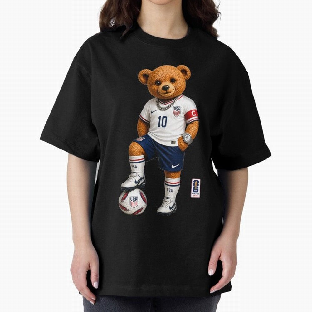 USA Soccer Bear World Cup 2026 Teddy Bear Oversized T-Shirt Show Fan Pride Across Global Football Passion for FIFA World Cup 2026 Group Stage, Centered on Mbappe, England and Germany, Goal Celebration Energy, Supporter Heritage, Football Icons and