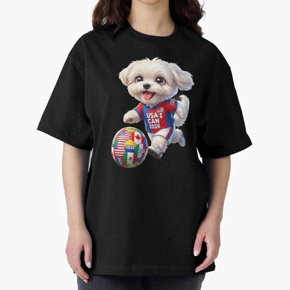 Cute Maltese Soccer Star - FIFA 2026 World Cup Edition Oversized T-Shirt Celebrate the Road through FIFA World Cup 2026 Group Stage for Fans of Mbappe and Neymar and Spain, Bringing Football Passion, Legendary Performances, Festival Vibes and