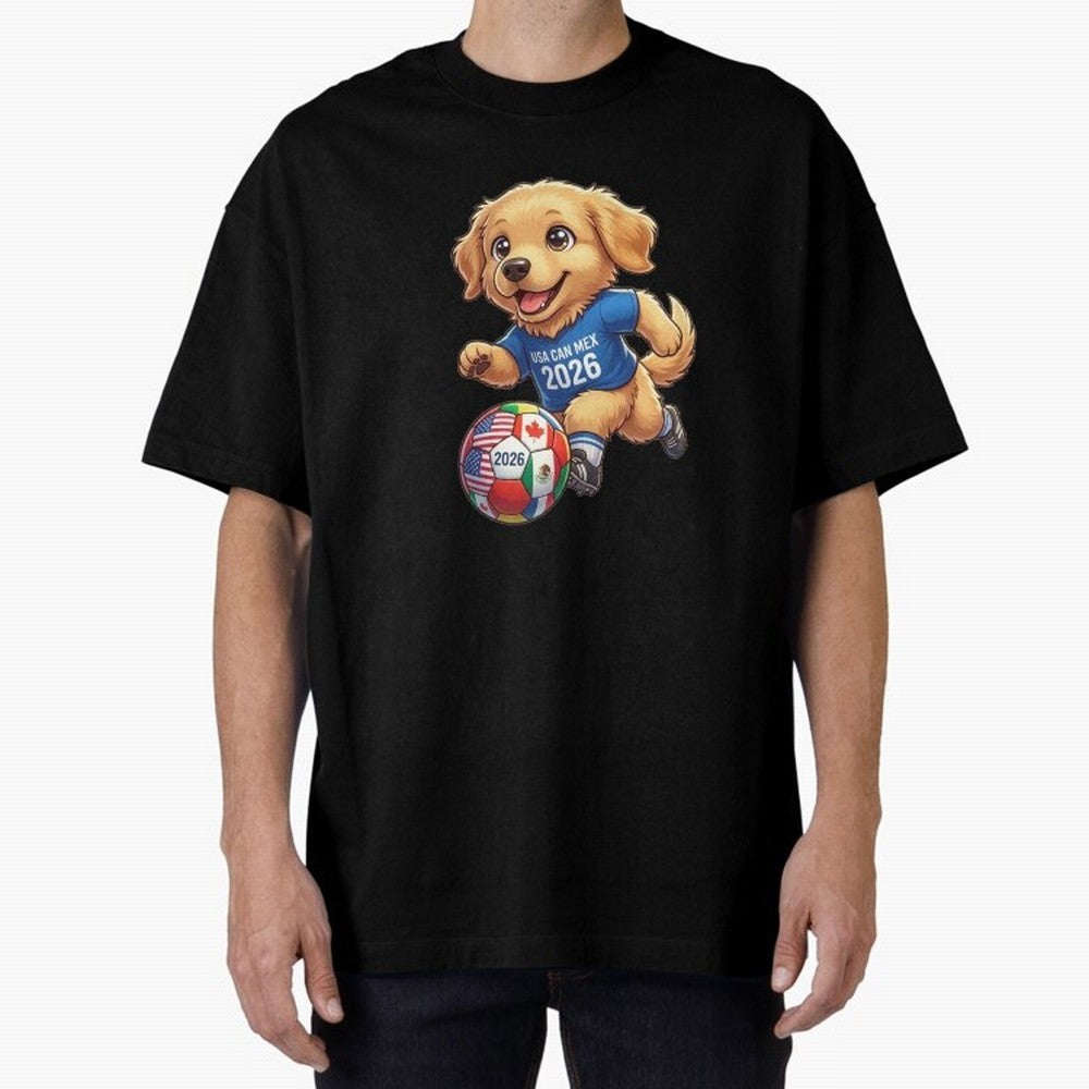 Golden Retriever Soccer Champ - World Cup 2026 Spirit Oversized T-Shirt Celebrate Unforgettable Nights in FIFA World Cup 2026 Group Stage Driven by Mbappe and Neymar, England and Germany Energy, Championship Spirit, Famous Goals, Roaring Crowds and