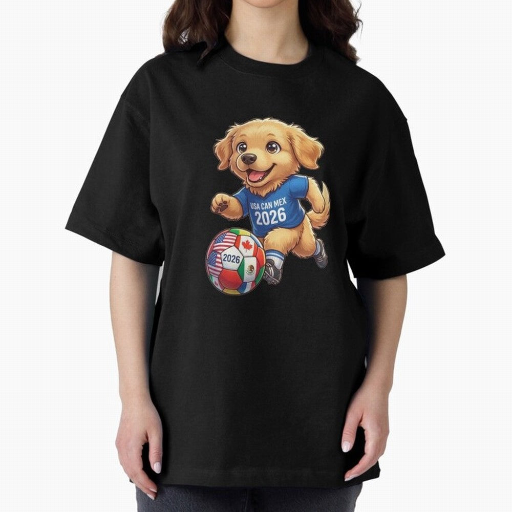 Golden Retriever Soccer Champ - World Cup 2026 Spirit Oversized T-Shirt Celebrate Unforgettable Nights in FIFA World Cup 2026 Group Stage Driven by Mbappe and Neymar, England and Germany Energy, Championship Spirit, Famous Goals, Roaring Crowds and