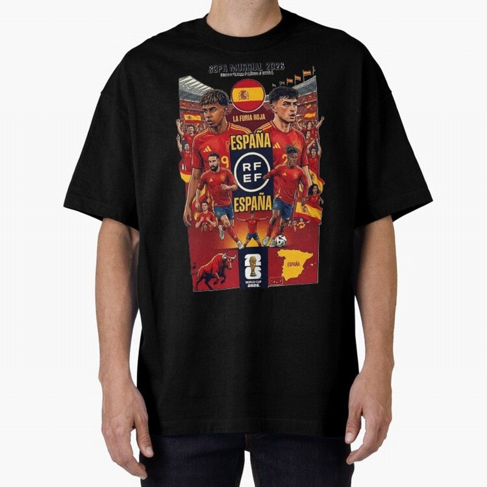 Spain 2026 ¨C La Furia Roja World Cup Poster Oversized T-Shirt Stand Out with Spirit from FIFA World Cup 2026 USA Canada Mexico Spirit, Inspired by Argentina, Neymar, Championship Spirit, Famous Goals, Roaring Crowds and International Football