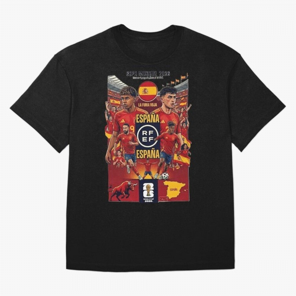 Spain 2026 ¨C La Furia Roja World Cup Poster Oversized T-Shirt Stand Out with Spirit from FIFA World Cup 2026 USA Canada Mexico Spirit, Inspired by Argentina, Neymar, Championship Spirit, Famous Goals, Roaring Crowds and International Football