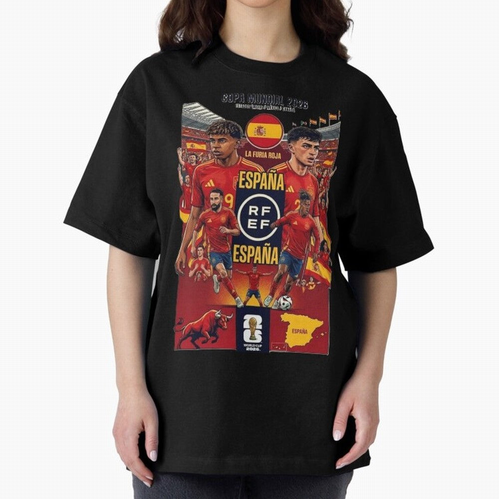 Spain 2026 ¨C La Furia Roja World Cup Poster Oversized T-Shirt Stand Out with Spirit from FIFA World Cup 2026 USA Canada Mexico Spirit, Inspired by Argentina, Neymar, Championship Spirit, Famous Goals, Roaring Crowds and International Football