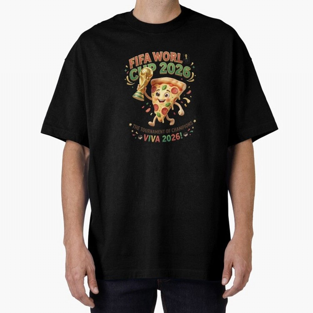 Happy Pizza Character Holding World Cup 2026 Trophy Oversized T-Shirt Celebrate the Stars of the FIFA World Cup 2026 Group Stage Journey through Neymar Highlights, France Pride, Football Festival Excitement, Trophy Ambitions, Country Rivalries and
