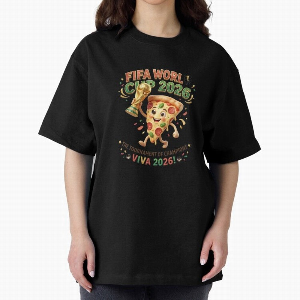 Happy Pizza Character Holding World Cup 2026 Trophy Oversized T-Shirt Celebrate the Stars of the FIFA World Cup 2026 Group Stage Journey through Neymar Highlights, France Pride, Football Festival Excitement, Trophy Ambitions, Country Rivalries and