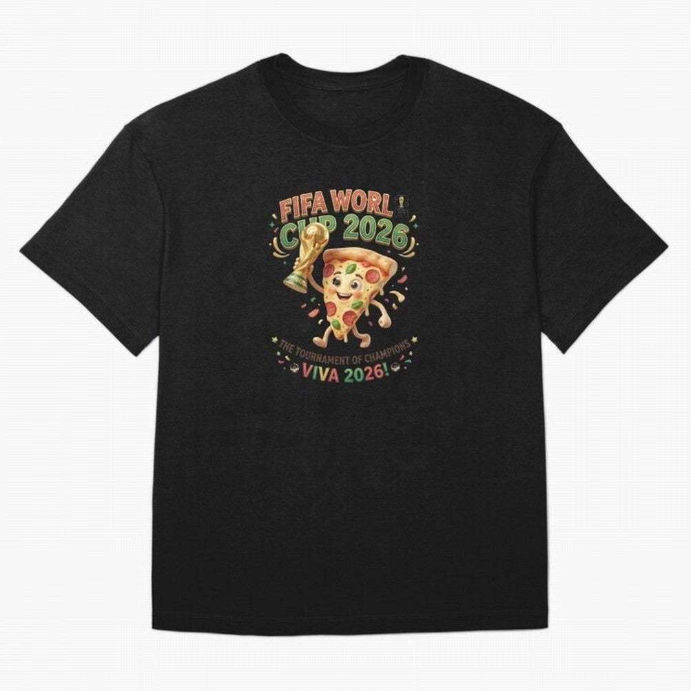 Happy Pizza Character Holding World Cup 2026 Trophy Oversized T-Shirt Celebrate the Stars of the FIFA World Cup 2026 Group Stage Journey through Neymar Highlights, France Pride, Football Festival Excitement, Trophy Ambitions, Country Rivalries and